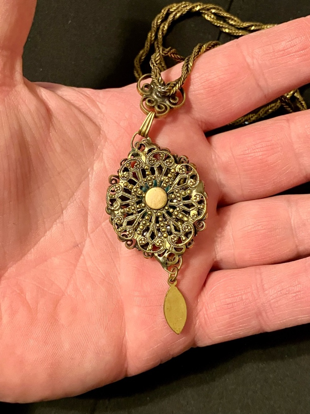 VTG Art Deco Filigree Brass Blue Enamel & Glass Pendant Necklace  Neiger ? - Picture 3 of 4